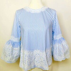 Blue and White Striped Lace Blouse with Bell sleeves and cute tie in back